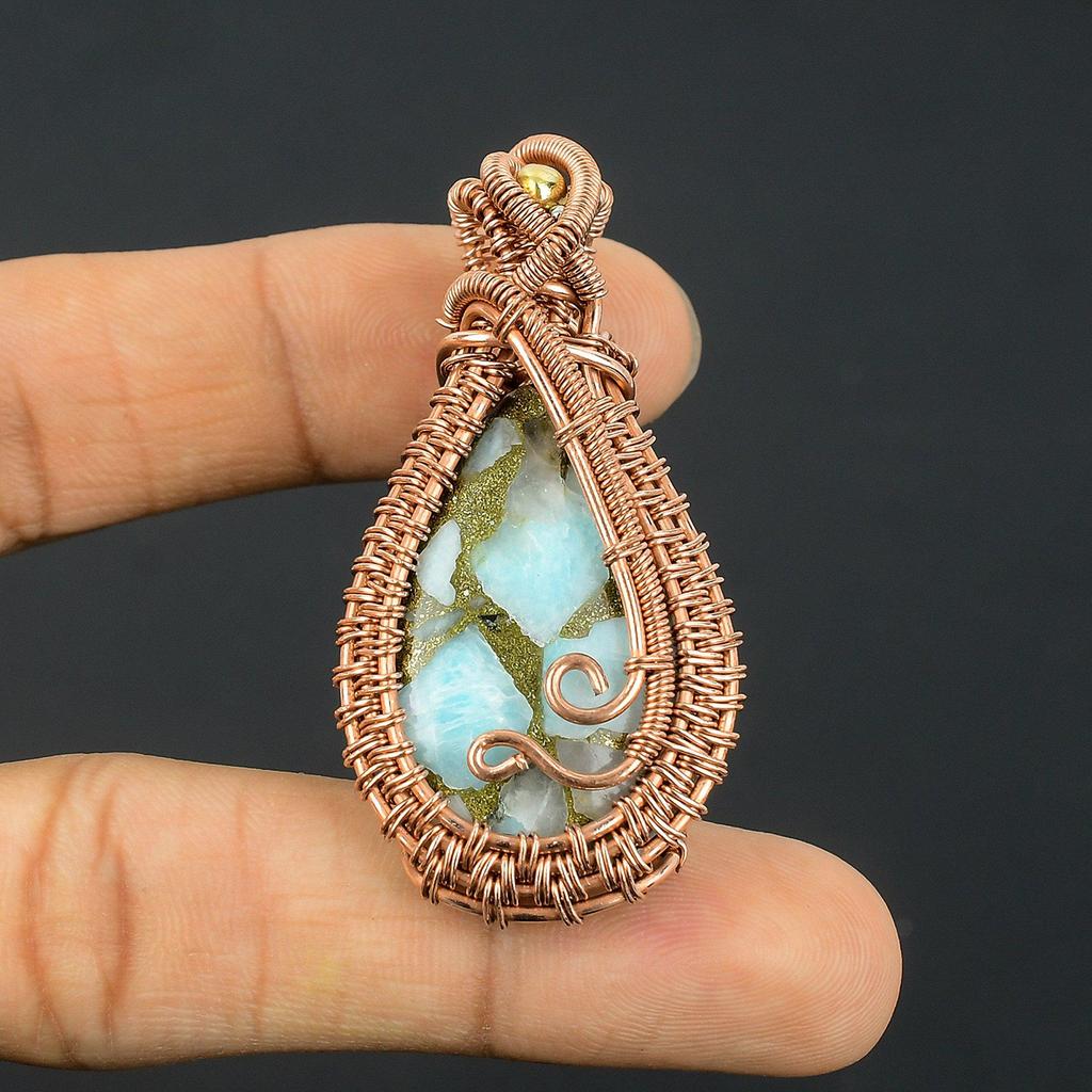 Copper Larimar Pendant Gemstone Handmade Jewelry, 999 Copper Wire Wrapped Pendant, Gift For Wife Jewelry