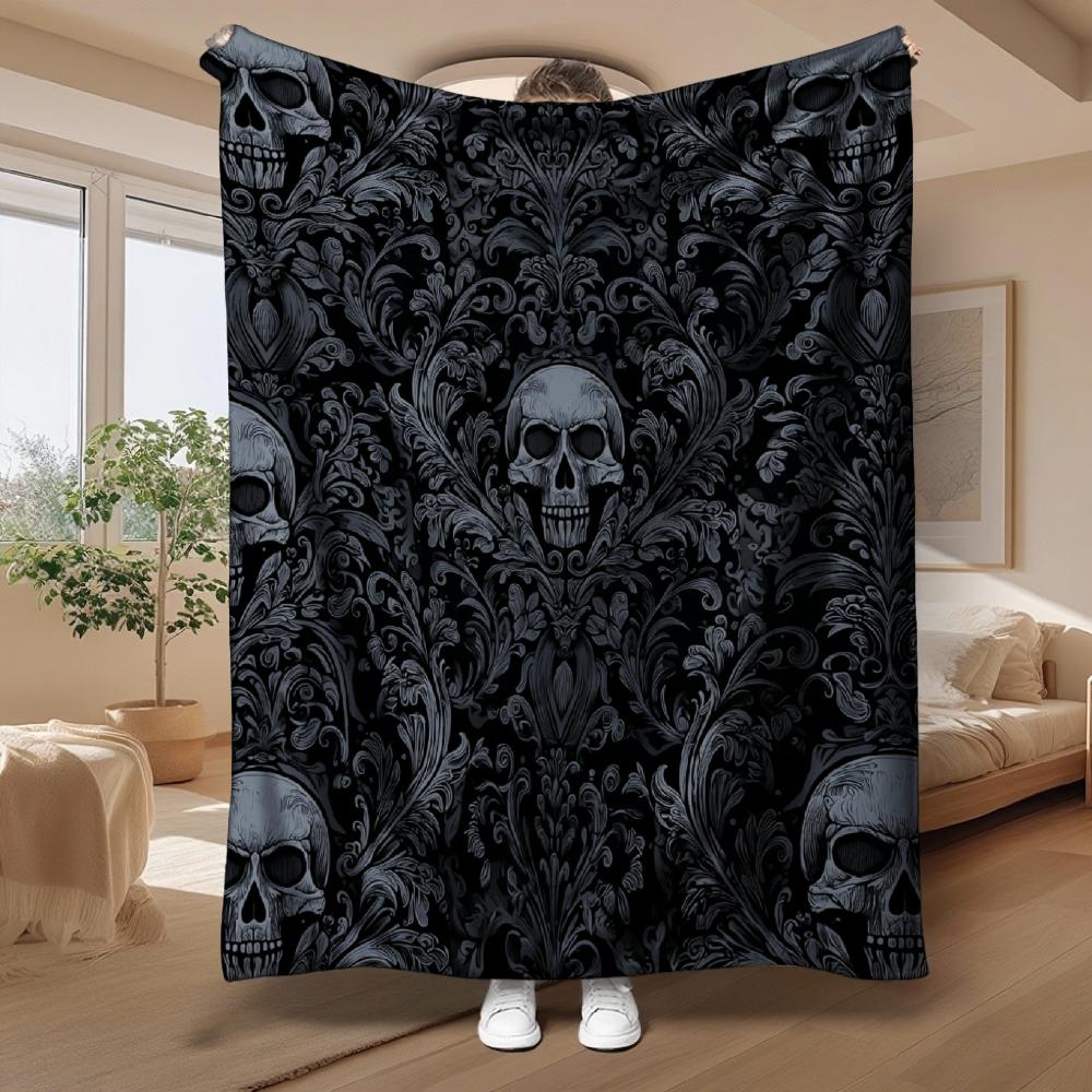 Skull Damask Pattern, Gothic Lovers, Blanket, Dark Elegant Design with Intricate Floral Motifs, Living Room Or Bedroom Use, Soft
