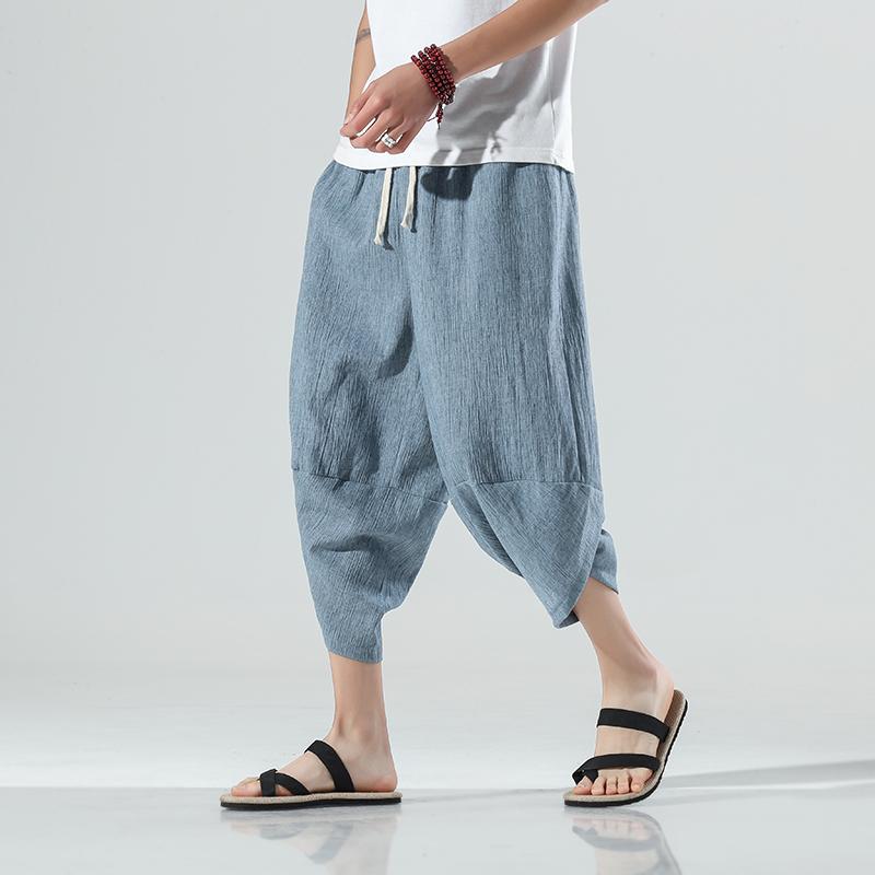 Chinese Style Summer Calf Length Casual Men's Pants Wide Leg Cotton Linen Harem Baggy Pants