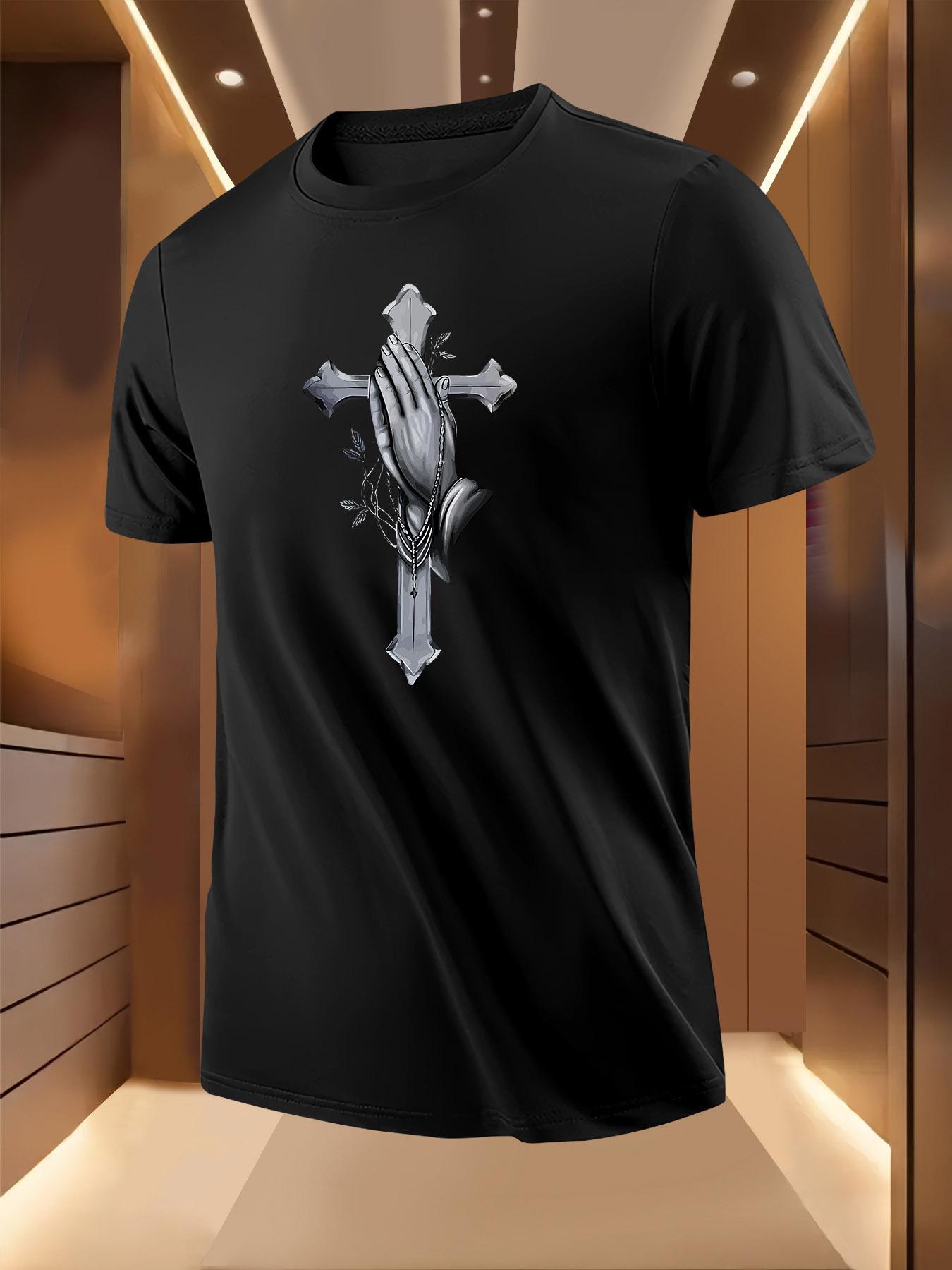 Summer Tshirt with Prayer Hand Cross Design - Breathable M