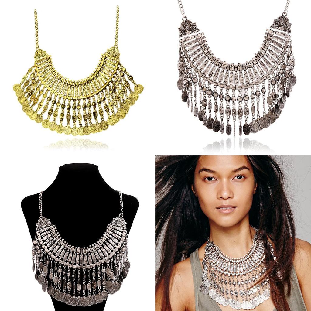 Vintage Mynt Halsband Med Tofsar Och Vattenvågskedja För Boho Stil Smycken