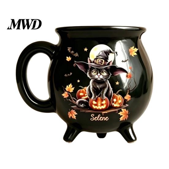 Decorazione Casa Magica Stregoneria Tazza Caldaia Strega di Halloween, 350ml Pentola Magica Vintage Gotica a 3 Gambe, Barattolo Contenitore da Scrivania per Ufficio Gatto Nero Ceramica