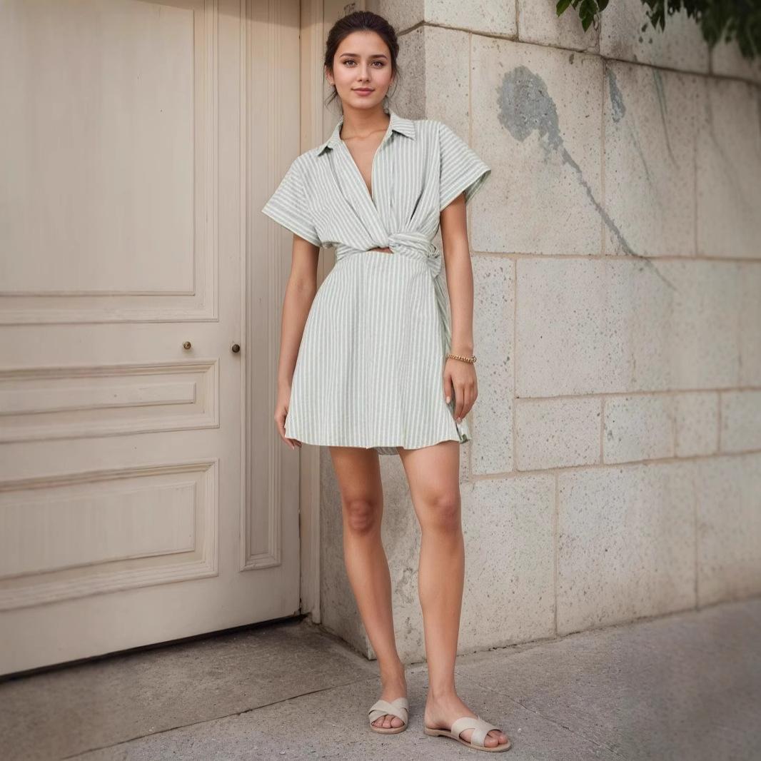 European and American holiday striped lace-up dress new lapel casual short sleeve cross hollow skirt us/eu size s