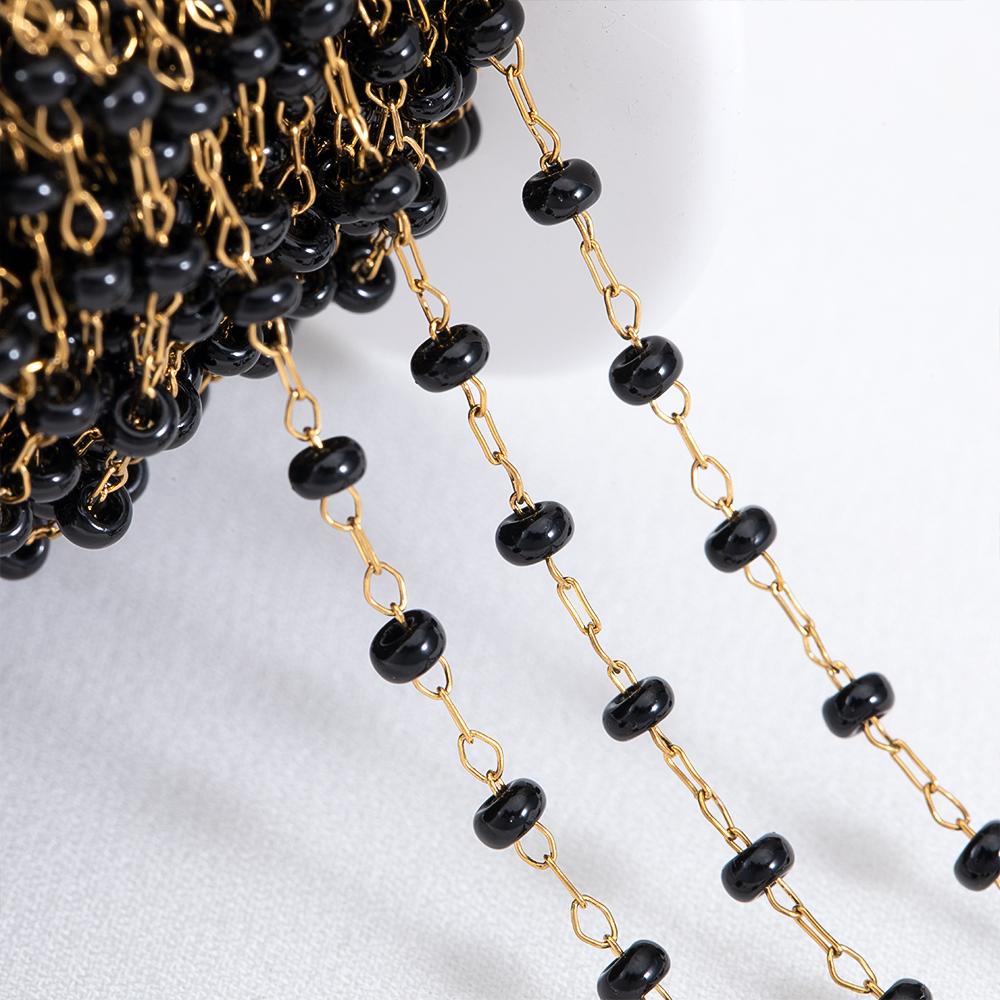1M Stainless Steel Beaded Chain Elegant White Glass Flat Beads Gold Color Chains for DIY Women Necklace Bracelets Jewelry Making
