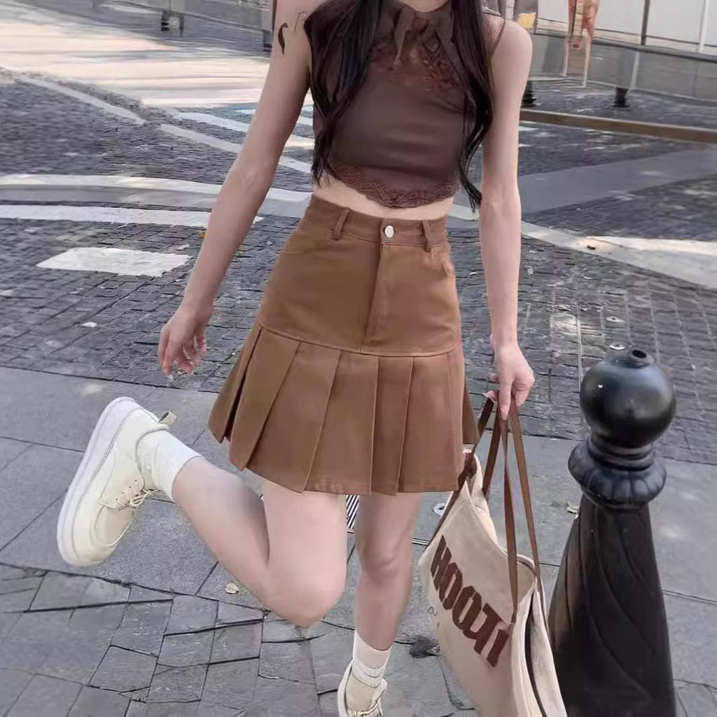 High-Waist Black Pleated A-Line Skirt for Women, Summer 2024 - Anti-Exposure & Slimming Design