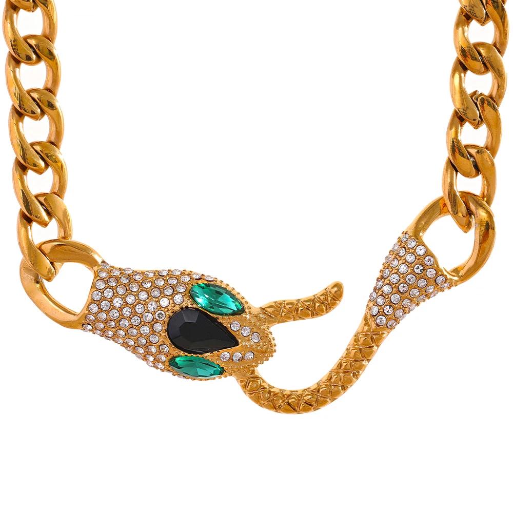 

Yhpup Personality Snake Head Cubic Zirconia Metal Stainless Steel Chain Golden Necklace 18K Plated Waterproof Fashion Jewelry