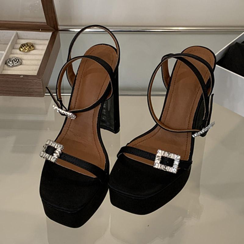 Liyke Sexy Black High Heels Platform Sandals For Women Fashion Thick Bottom Square Toe Crystal Buckle Ladies Party Banquet Shoes