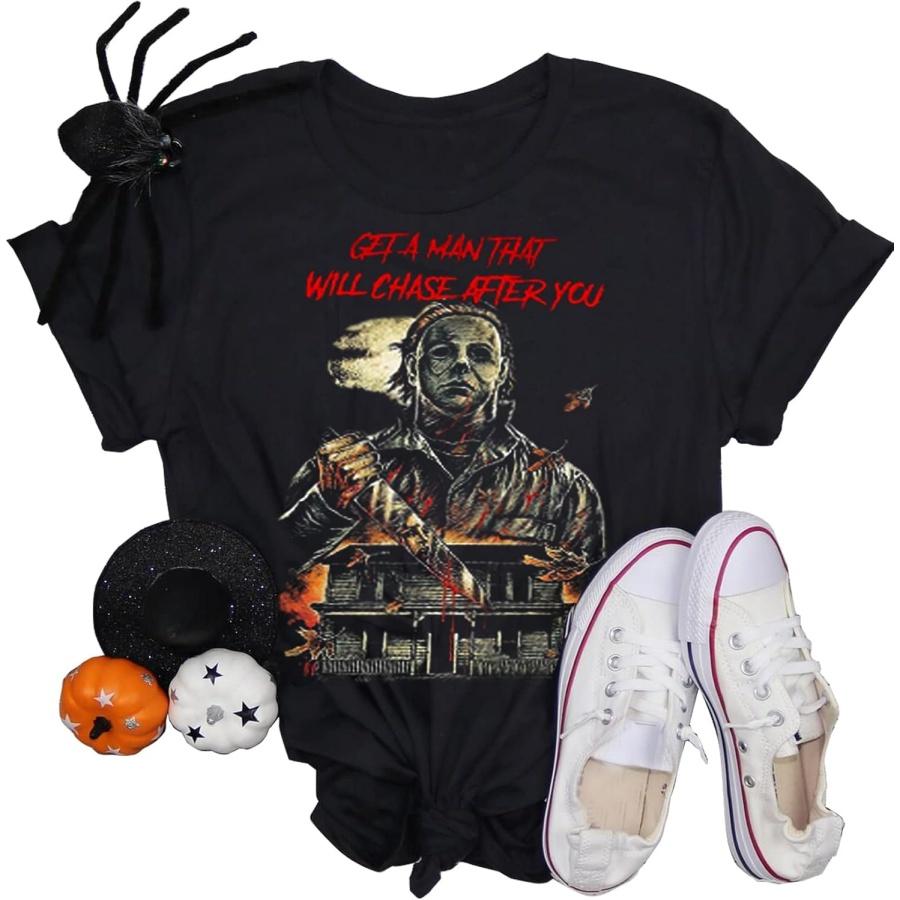 SECETKET Get A Man That Will Chase After You Halloween Bleached Shirt Women Horror Scary Graphic Tees Top S