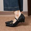 Krazing Pot Microfiber Square Toe Thick Med Heels Spring Summer Shoes Big Size 43 Metal flowers Women Shallow Pumps