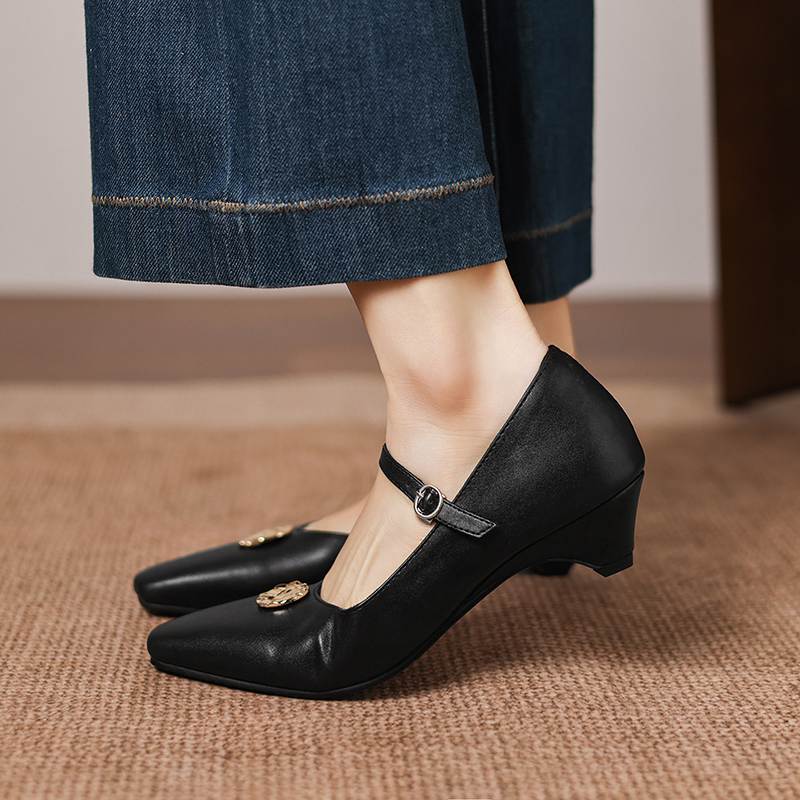 Krazing Pot Microfiber Square Toe Thick Med Heels Spring Summer Shoes Big Size 43 Metal flowers Women Shallow Pumps
