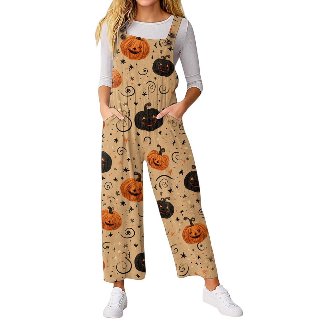 Women’s Loose Casual Sleeveless Jumpsuit Halloween Printed Jumpsuit Printed Jumpsuit