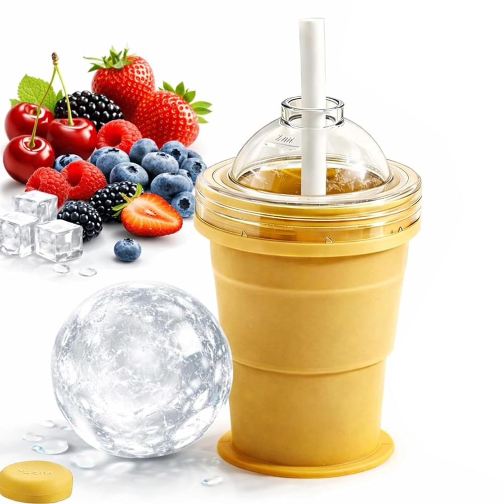 

2-in-1 Collapsible Silicone Ice Ball Maker Cup, Reusable Portable Ice Sphere Mold with Straw & Lid, Easy Demolding, Leakproof