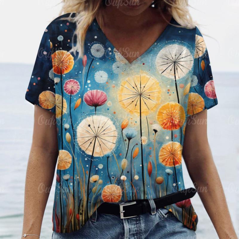 Women Short Sleeves V-Neck T-Shirt Oversized Beautiful Clothing Loose T Shirt Clothing Woman Flowers Print Top Pullover Outdoor