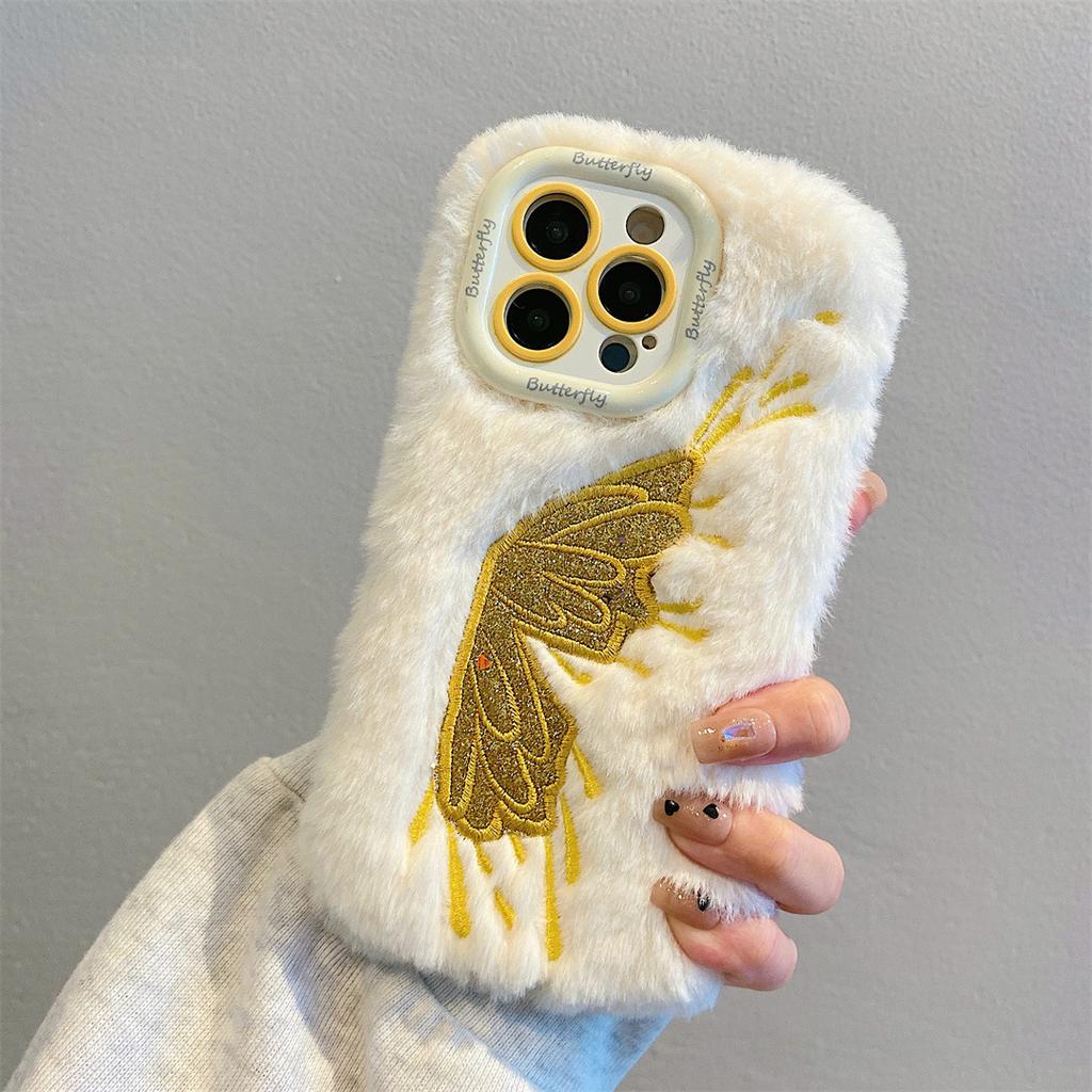 Embroidered Half Butterfly Plush Shell Is Suitable for Apple 16PROMAX Lens Holder 15 Fine Holes 14 Warm 11