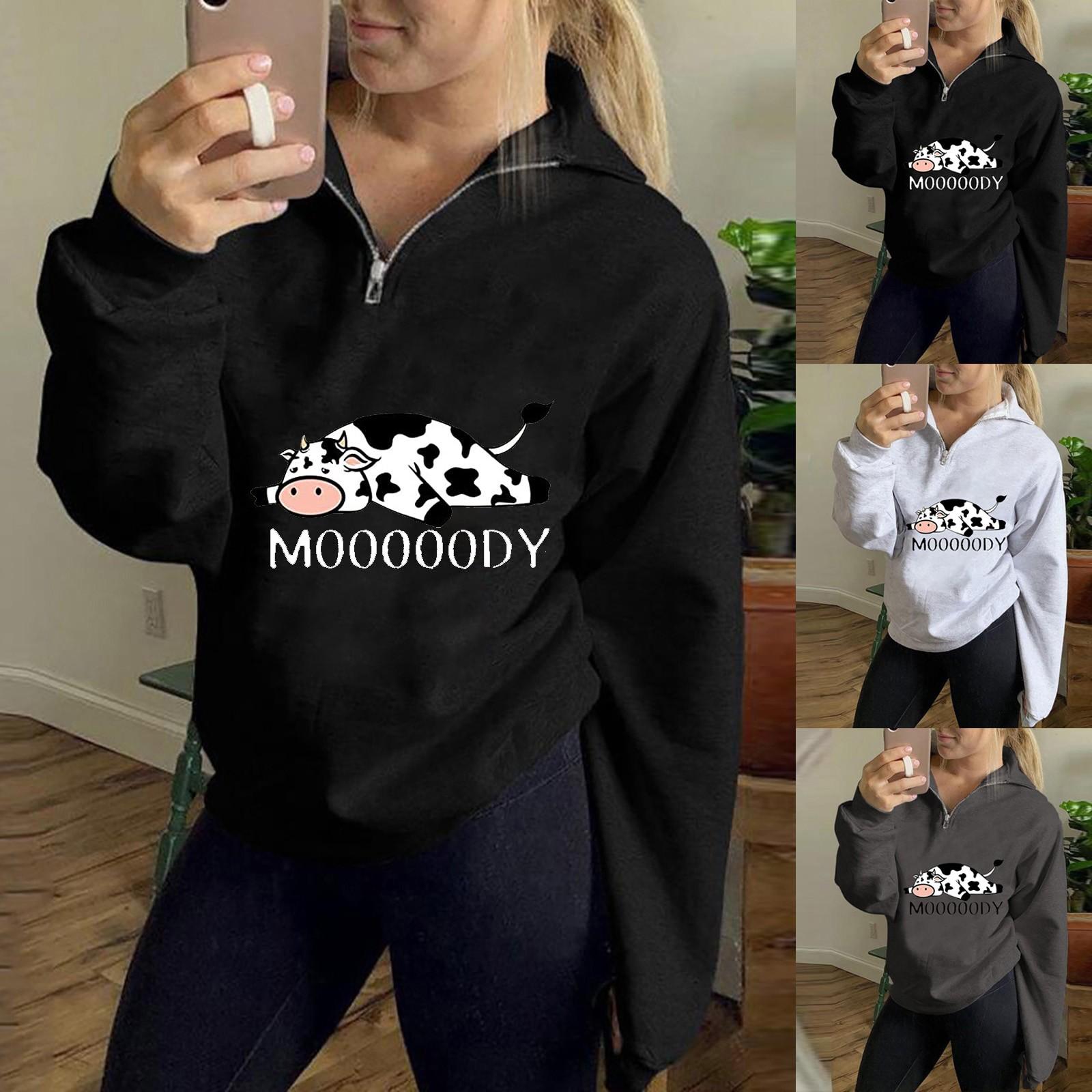 

Женская мода, повседневная толстовка с v-образным вырезом и принтом на молнии, свободные спортивные топы, пуловер