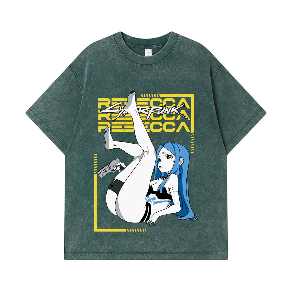 275 GSM Washed T-shirts 100% Cotton Cyberpunk Edgerunners V4 Rebecca Print Unisex Heavy Cotton T Shirt