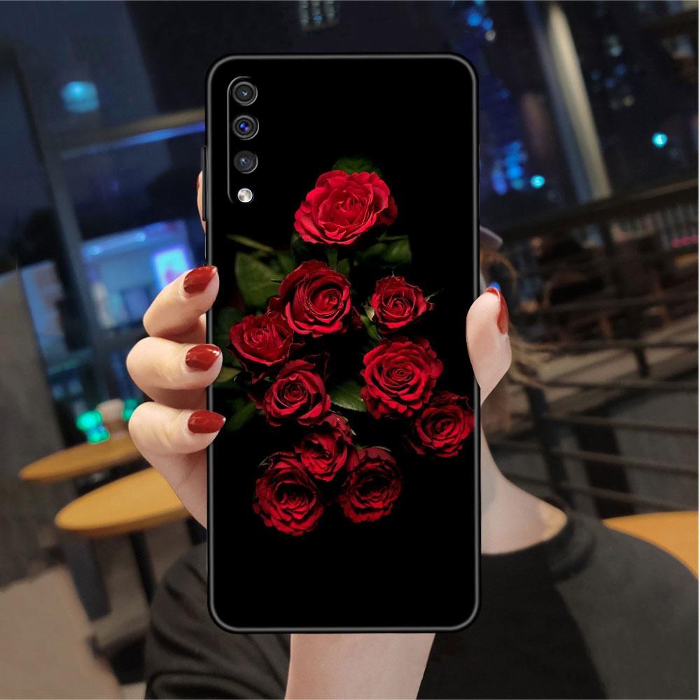 Case For Samsung Galaxy A50 A70 A30 A20s A20e A10 A40 A10s A10e M52 M51 M31 M30s M21 Black Phone Cover Bright Red Rose Flowers