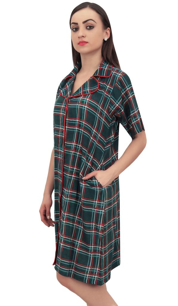 Bimba Check Print Green Women Sleepshirt Sleepwear Button - Front Nightshirt -