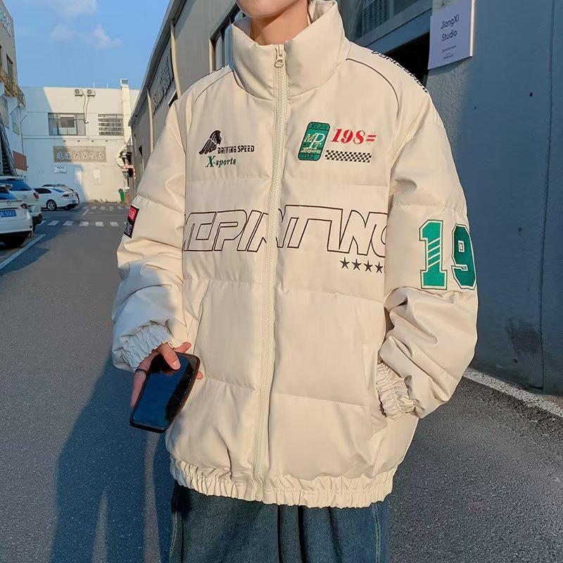 

Men s Winter PU Leather Racing Jacket - White, Thick Cotton Padded, Trendy American High Street Style Medium білий