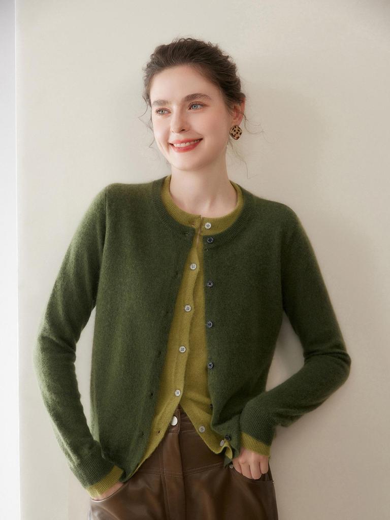 Women's Cashmere Cardigan: Two-Piece Knit Sweater Coat, Loose Fit, Slimming, Thickened, Round Neck, Color Block Design