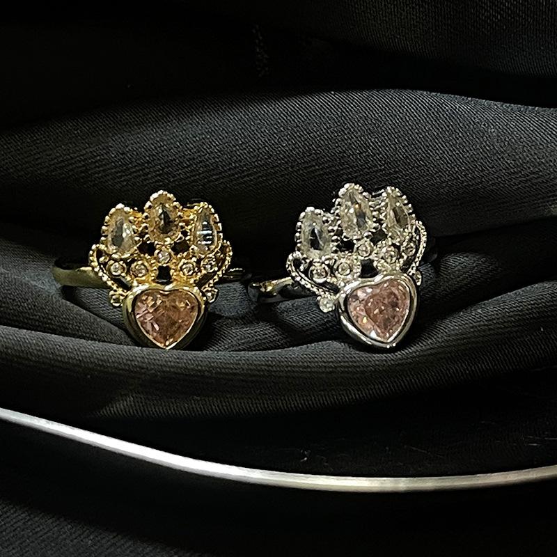 Gold Crown, Pink Zircon Love Opening Ring, Niche Design, High-End Full Diamond Ring.