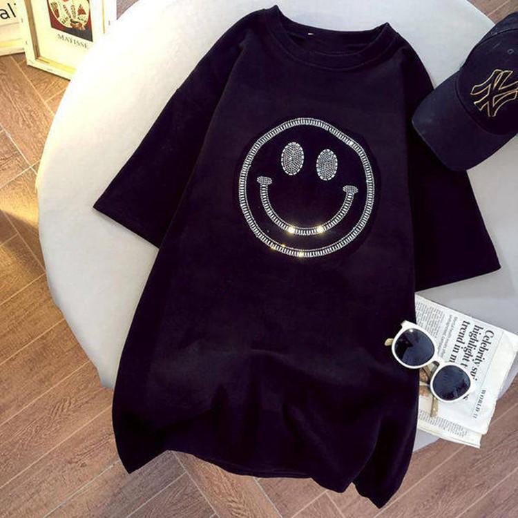 Heavy Industry Smiling Face Iron Diamond Short Sleeve T-shirt for Women Spring and Summer New Loose Pure Cotton Mid-Length Half-Sleeve Top