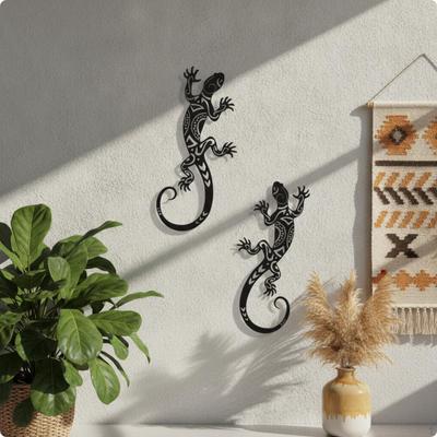 2 Pièces Décoration Murale Gecko Créature en Métal Noir Sculpture Découpée pour Patio, Jardin,