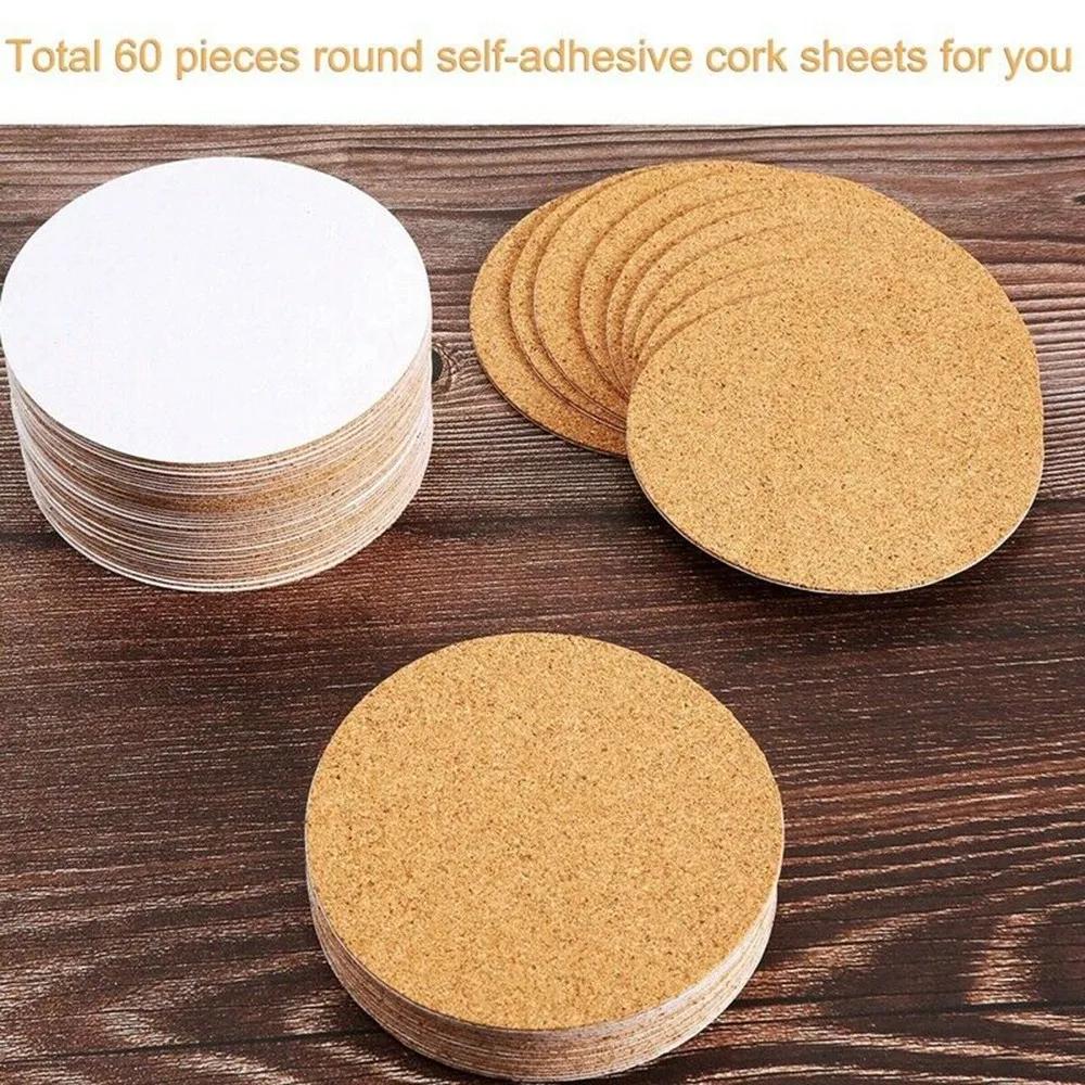 60pcs Cork Coasters Cork Backing Sheets Adhesive Cork Coaster Round For Coasters Christmas Home Decorations about 10cm long