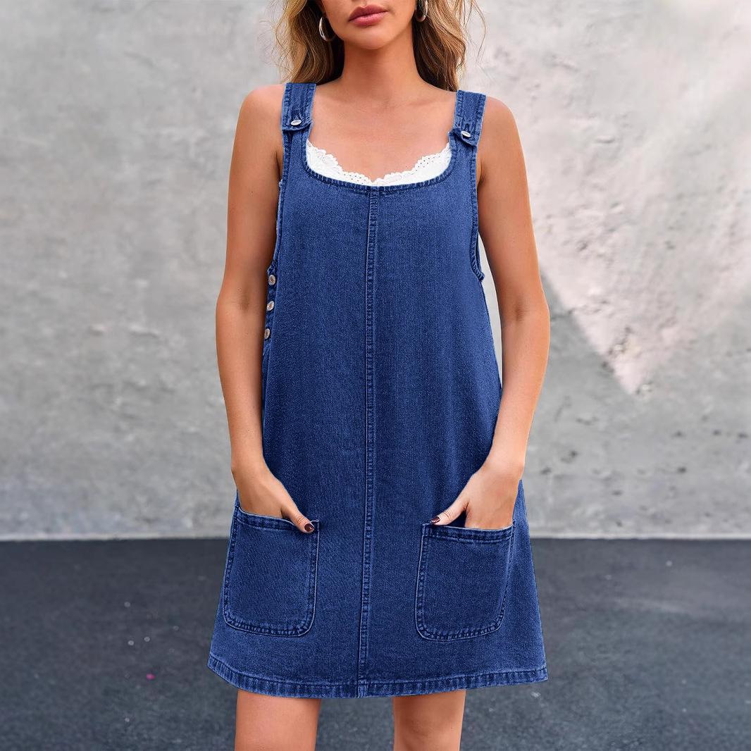 

Жіночий джинсовий комбінезон-сукня з квадратним вирізом і бічними кишенями, повсякденний джинсовий сарафан XL