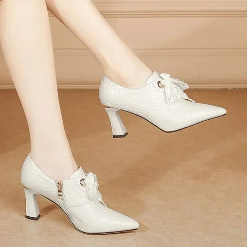 Fashion 2024 Women's High Heels PU Leather Sexy Pointed Toe Banquet Party Low-top Shoes Elegant Lace Lace-up Designer Women's High Heels