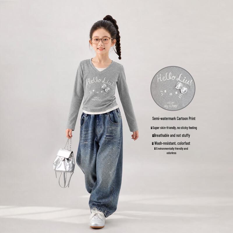 Girls' Faux Two-Piece V-Neck Long-Sleeve T-Shirt