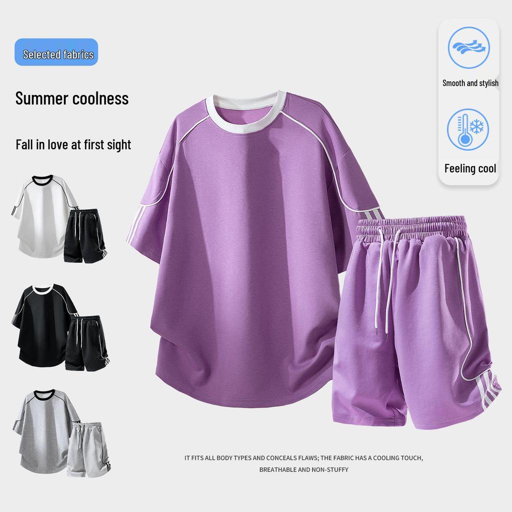 Ice-Cool Cotton Men's Two-Piece Set: Short-Sleeve T-Shirt & Five-Point Pants, Summer 2026 New Style, Casual Sportswear for Students