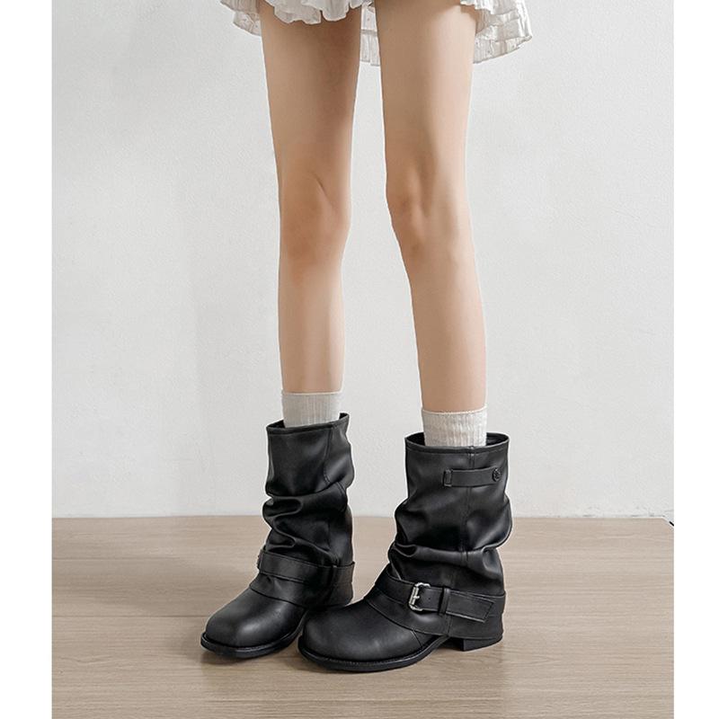 Inner Heightening Western Cowboy Pile Boots Women's Autumn Pleated Pants Short Boots Vintage Knight Martin Boots