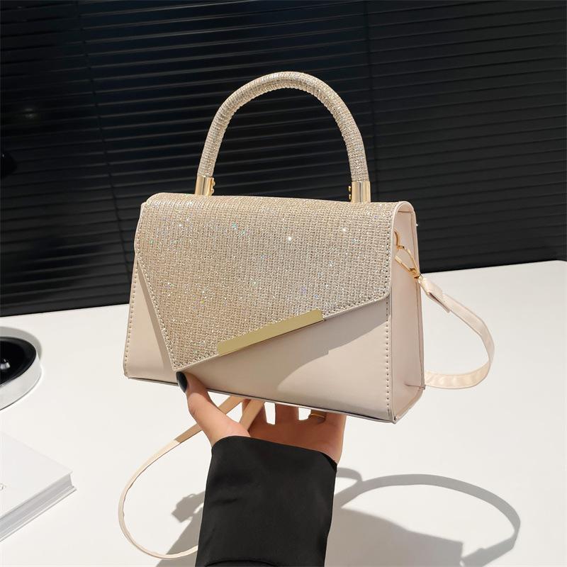 Women's Elegant Glitter Handbag, Flap Crossbody Satchel Purse with Gold Accent Detachable Strap for Party Wedding Shoulder Bags