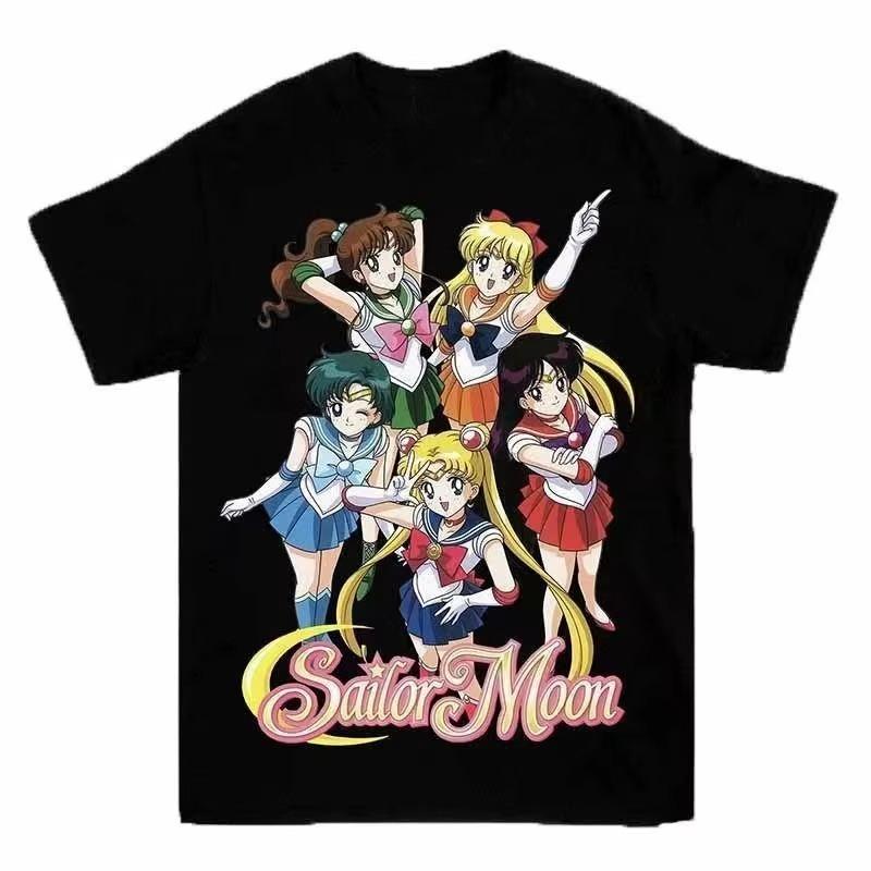

2026 new Retro Sailor Moon Group Print TShirt Classic Anime Streetwear 100 Cotton Loose Fit Casual Tee for Sailor Moon Fans L