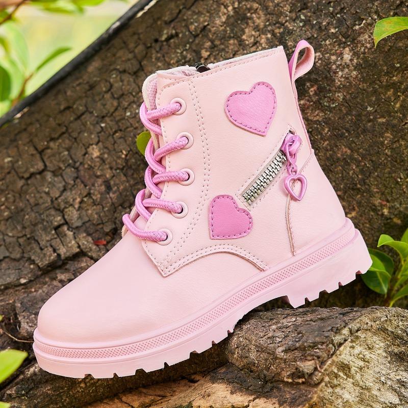 Adorable Heart Non Slip Ankle Boots Girls Boys Lightweight Durable PU Rubber Outdoor Hiking Shoes Zipper Closure Pink Black Fall Winter Casual