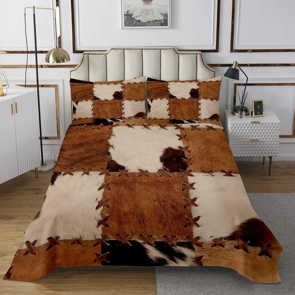 Cowhide Coverlet Set Farm Animal Fur Bedspread Queen/Full for Boy Girl Bedroom 2/3 Pcs Western Rustic Cowboy Farmhouse Quilt Set