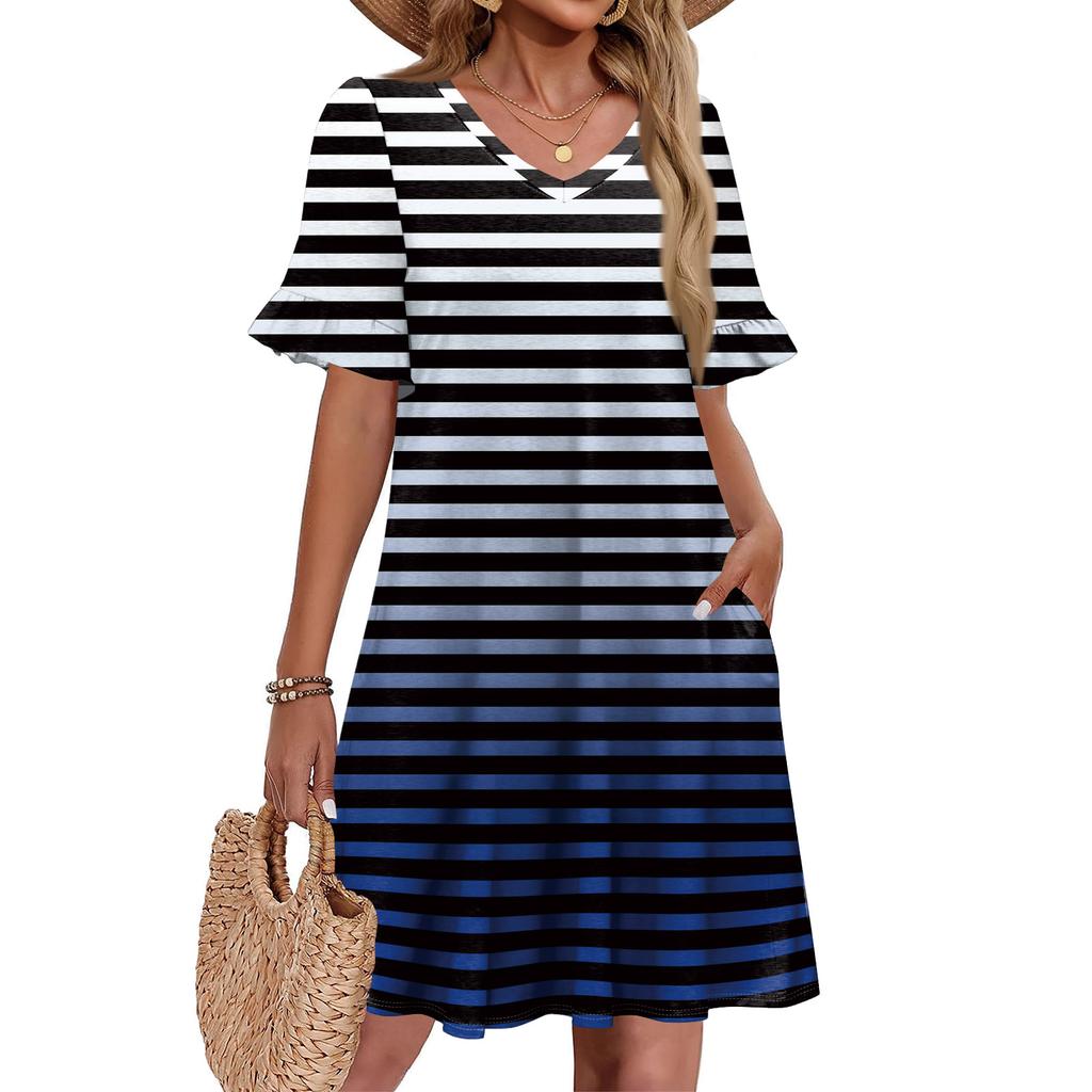 Damen A-Linie Sommerkleid Kurzarm V-Ausschnitt Bedrucktes Kleid Mit Taschen