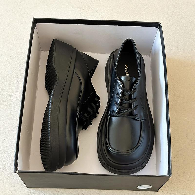 Zhongjia~ British Style Small Leather Shoes Women's 2025 Spring Single Shoes Academy Style Thick Sole Heightening Lace-up Loafers Women's Shoes