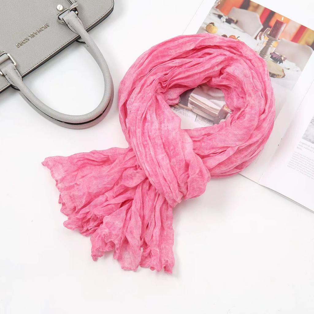 Solid Green Cotton Linen Vintage Pleated Scarf Shawl Autumn Winter Unisex Thin Long Neck Wrap Warmth Breathable Lightweight