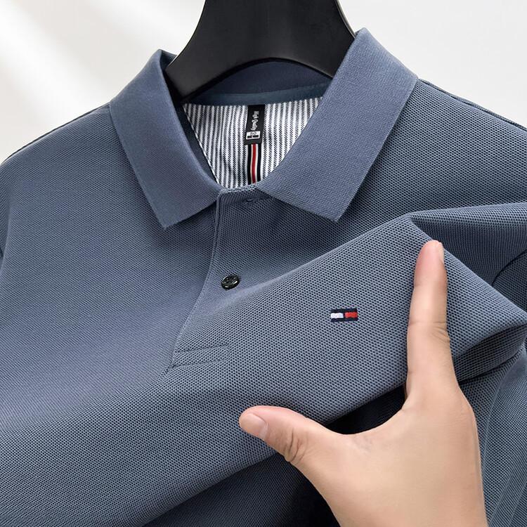 

Мужская рубашка поло с длинным рукавом из 100% хлопка с вышивкой – деловой повседневный стиль с лацканами L синий