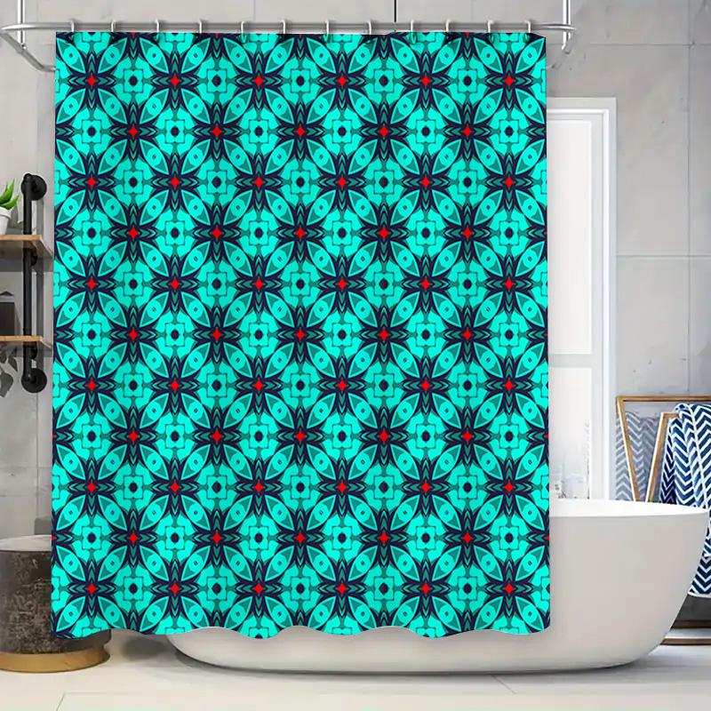 

Turquoise Blue Black Floral Pattern Shower Curtain For Bathroom Decor Customizable Size W60H190(CM)-1 Pcs