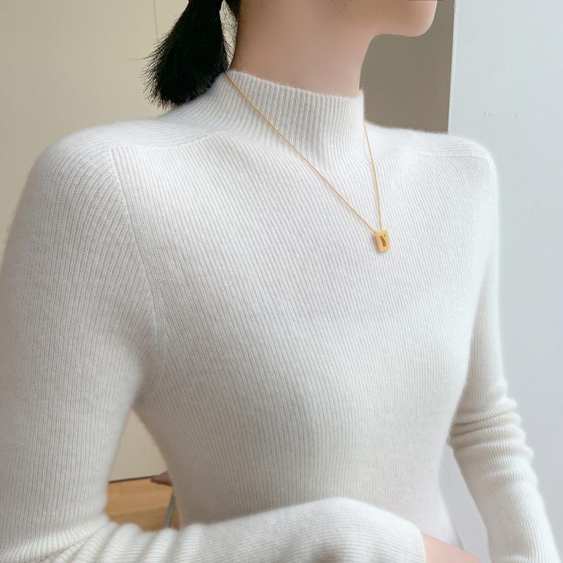 New Women's Slim Fit Cashmere Knit Half-High Neck Sweater for Autumn and Winter