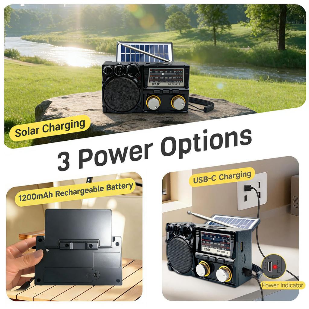 Radio Portátil FM AM SW Radio Solar Receptor de Radio Altavoz Bluetooth Tarjeta TF Unidad USB Reproductor de Música MP3 Batería Recargable