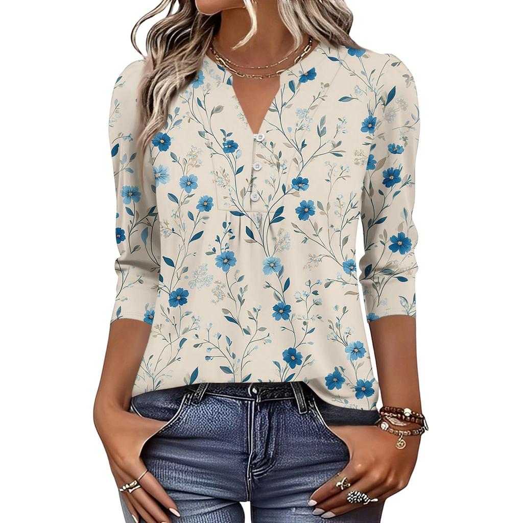 Women's Fashionable Casual Retro Floral V-Neck Decorative Button Three-Quarter Sleeve T-Shirt Top