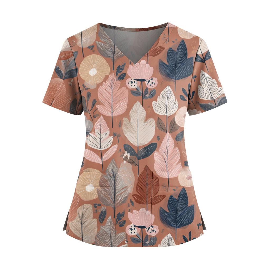 Ladies' Fashionable Floral Print V-neck Double Pocket Short Sleeved Shirt With Slit Hem And Protective Worker's Top