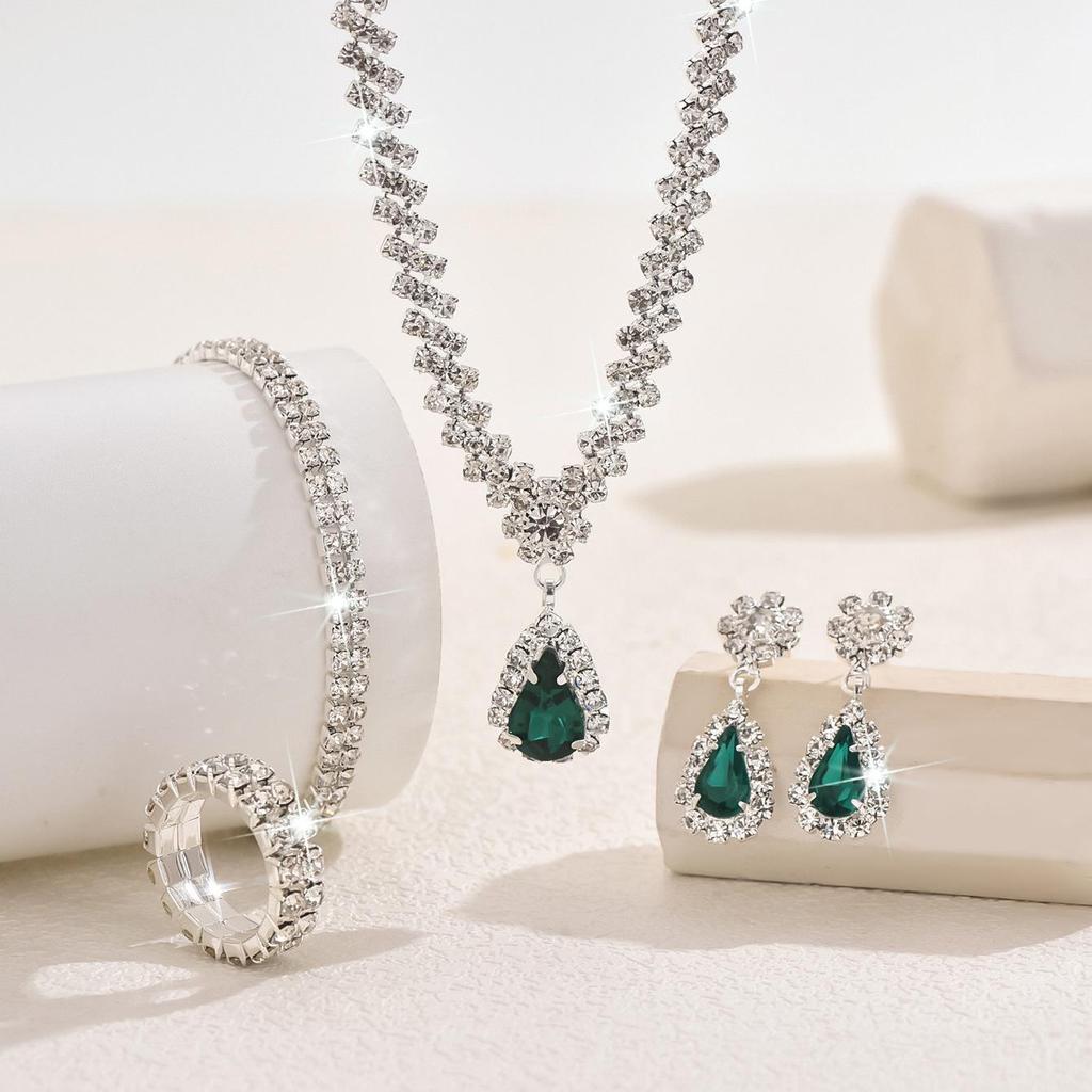 European-American Bridal Jewelry Set: Necklace, Bracelet, Ring, Zircon Earrings - Perfect for Weddings and Evening Dresses
