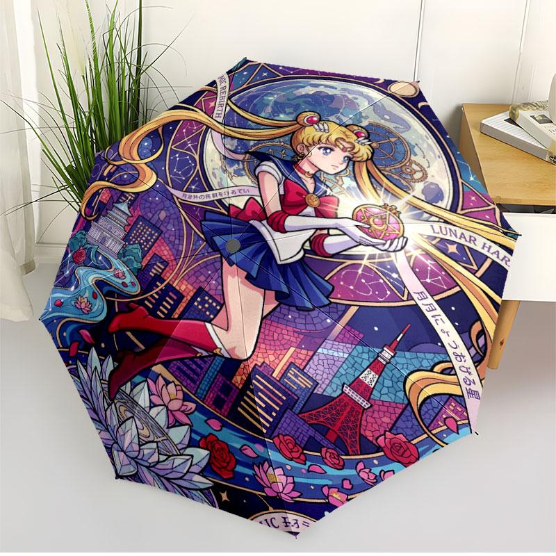 Sailor Moon Print Automatic Open Close Umbrella, Portable Foldable Umbrella, for Outdoor Commute Camping Trip, Ideal Birthday Gift