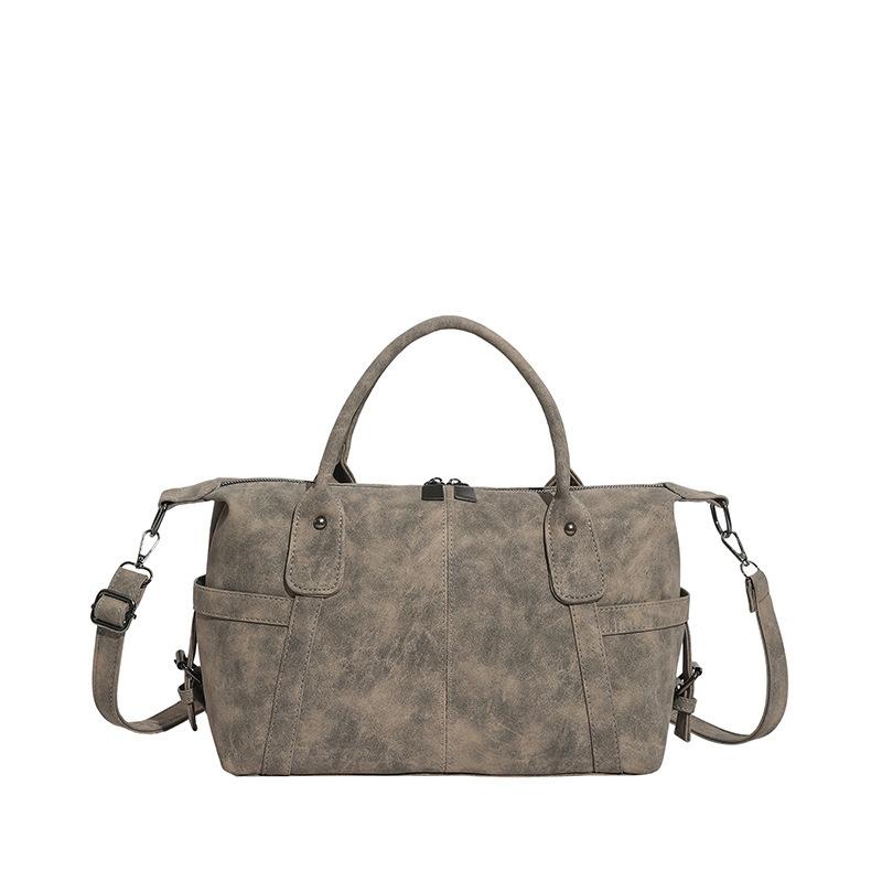 Vintage Brown Distressed PU Leather Boston Handbag For Women Retro Casual Crossbody Bag With Detachable Strap For Shopping