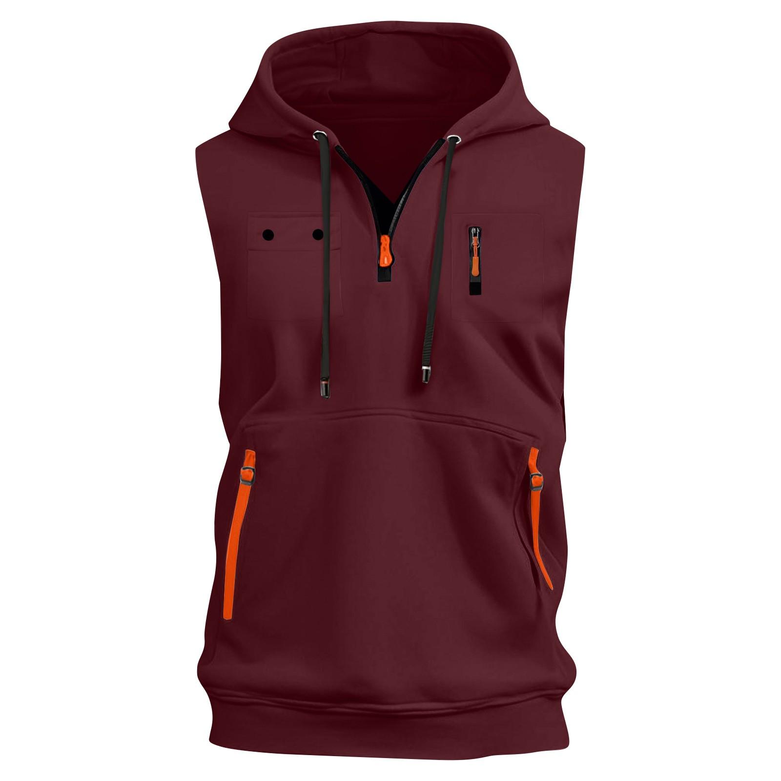 

Men s Summer Vest Zipper Pocket Short Sleeve Hooded Vest Men s Sports Large Size Casual Tops XXXL винний